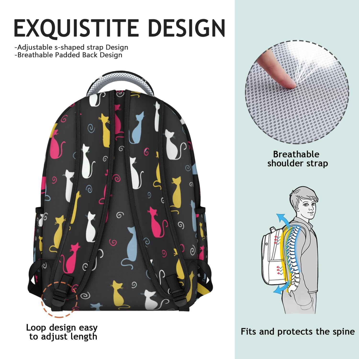 Pet Lover's Waterproof Backpack - Cute Cat Illustration, Ergonomic Design with Spinal Support