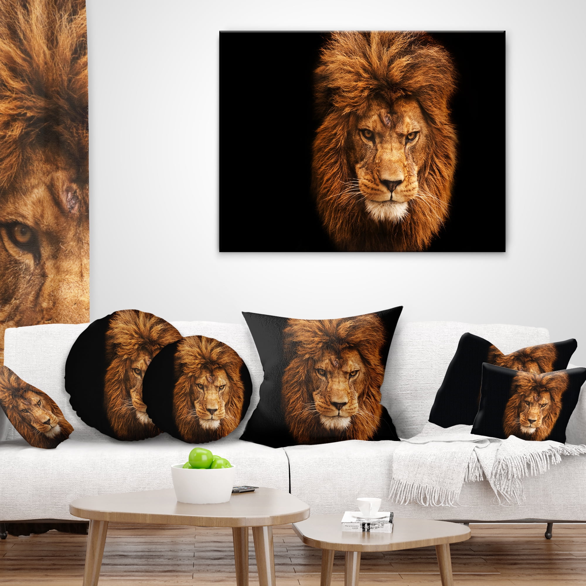 Designart Face of Male Lion on Black - Abstract Throw Pillow - 18x18