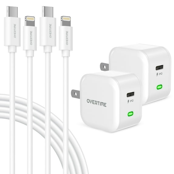USB C Charger Set, Overtime 20W Fast Charger (2 Pack) and USBC-Lightning Cable 6ft + 10ft - White