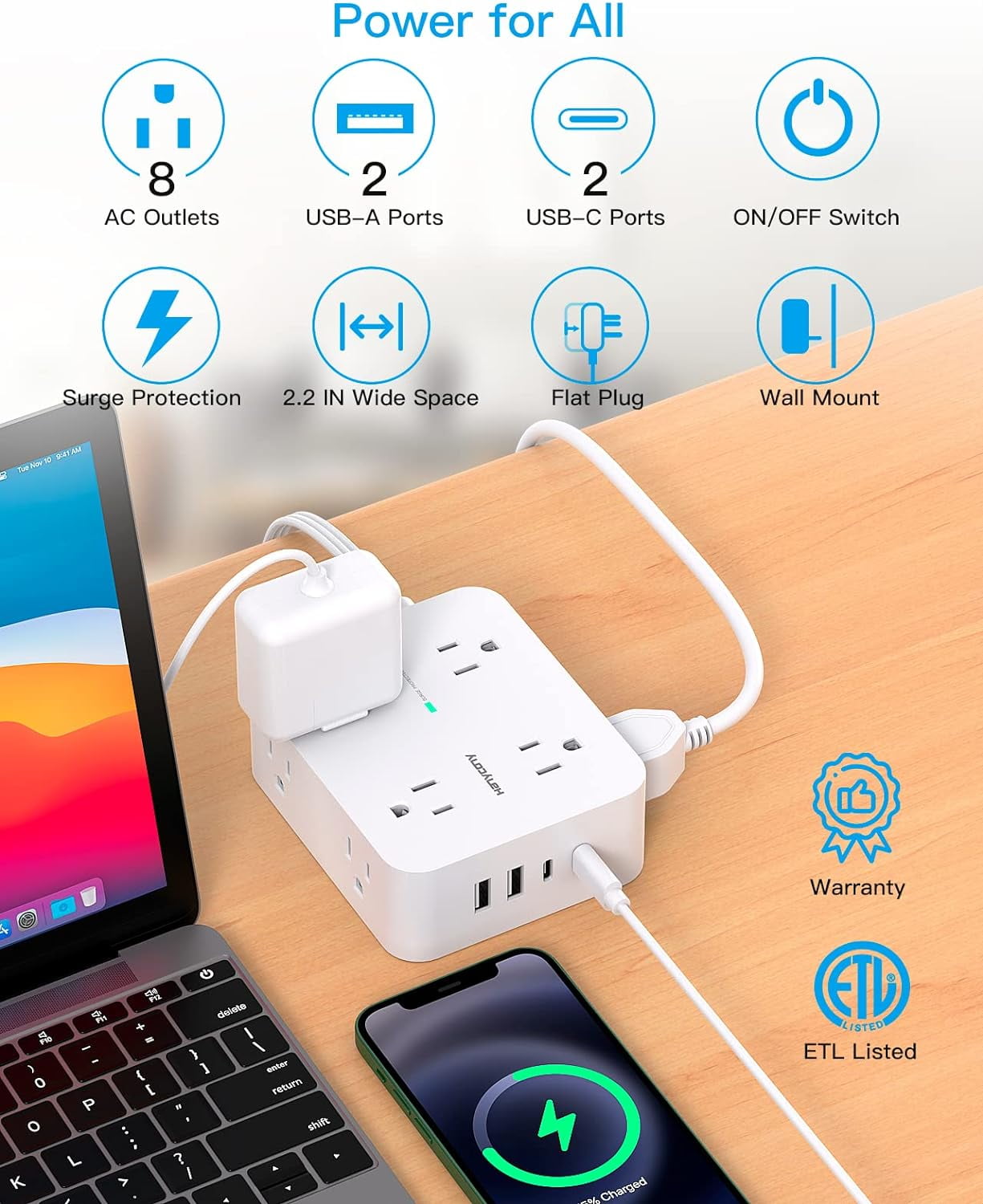 Sur Protector Power Strip, Extension Cord with Multiple Outlets, 5 Ft Ultra Thin Flat Plug 8 Outlets 4 USB Ports(2USB C), 1080J Outlet Extender for Home Office Colle Dorm Room Essentials