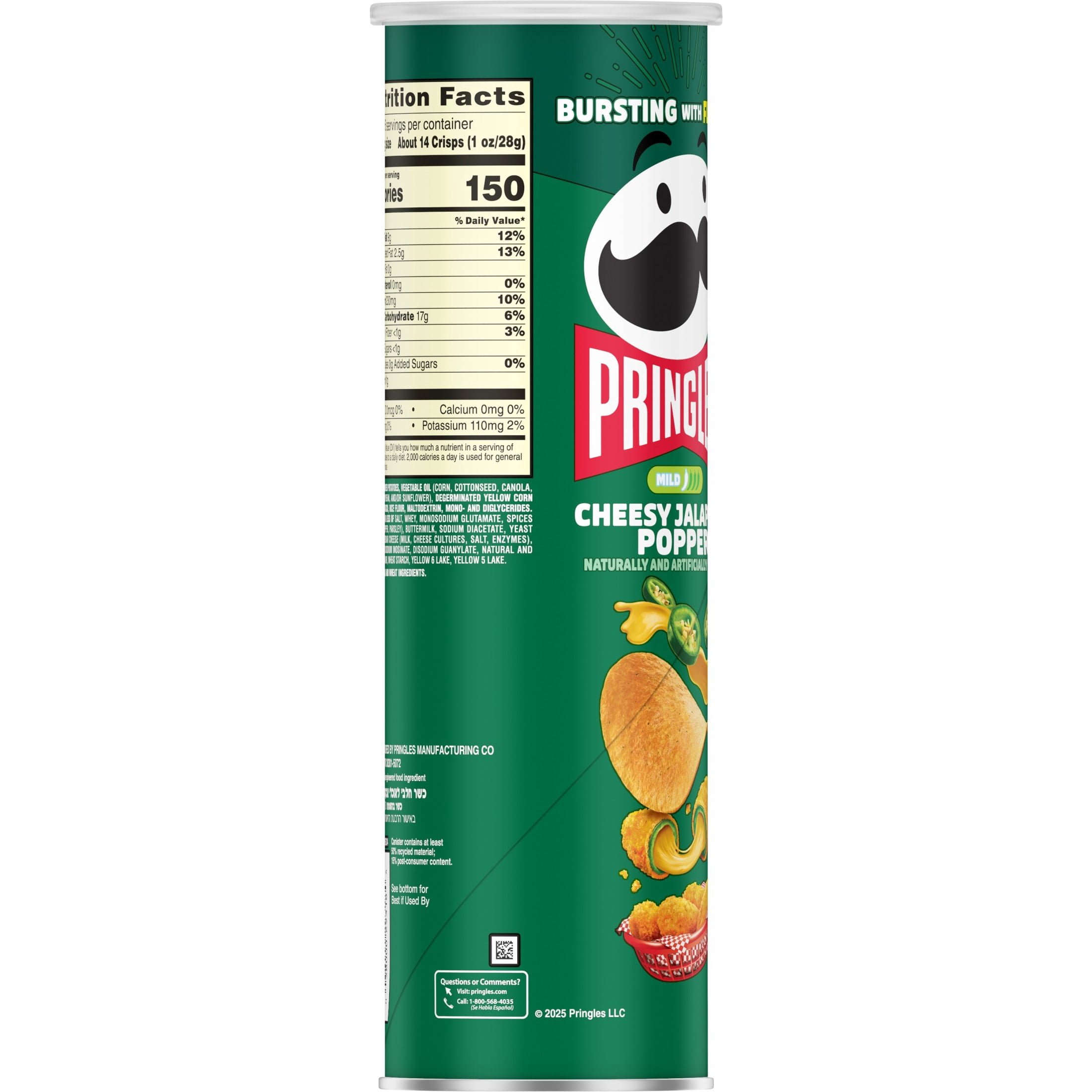 Pringles Cheesy Jalapeno Popper Potato Crisps Chips, Lunch Snacks, 5.5 oz Canister