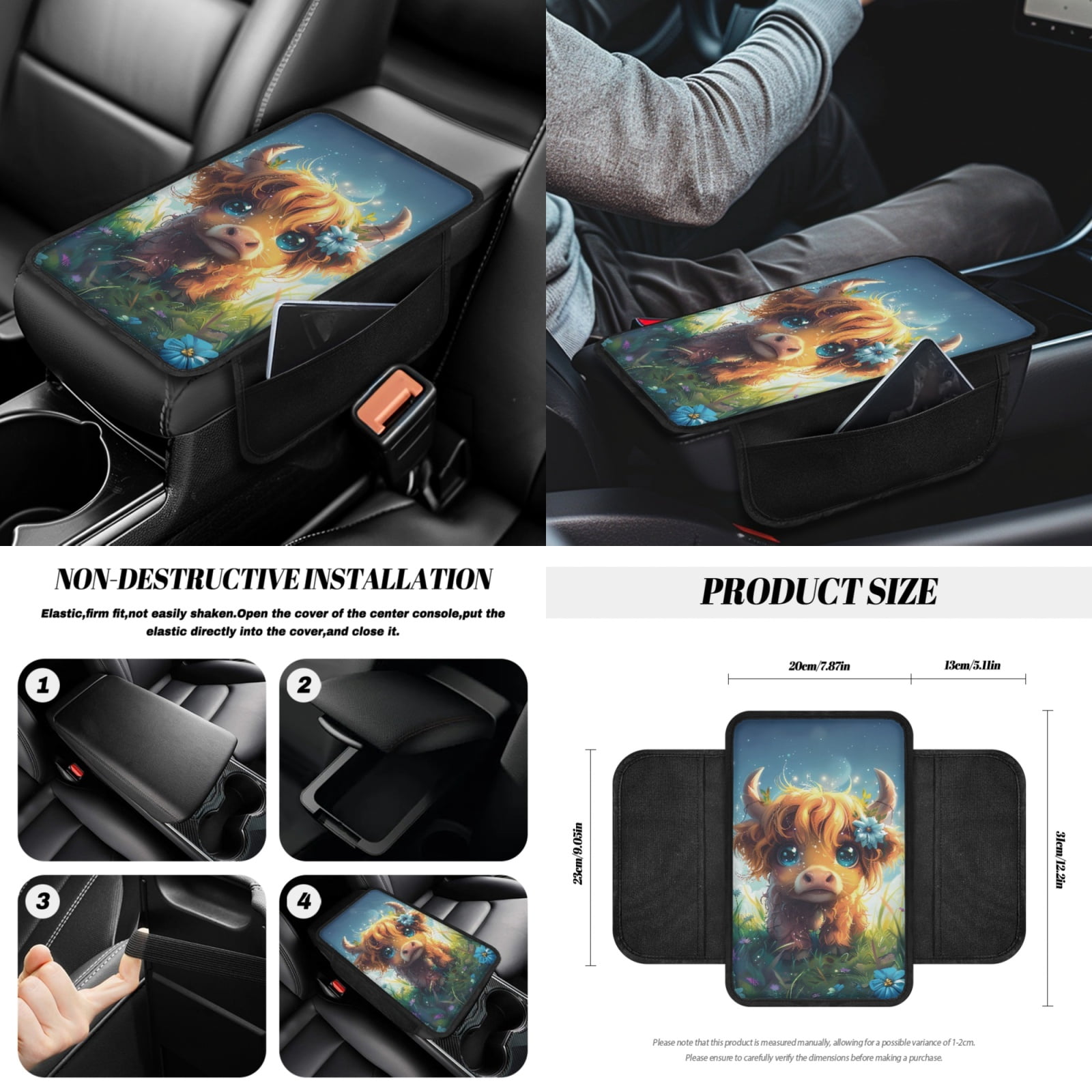 Yuyamidu Highland Cow Car Seat Covers Set 14pcs Cute Auto Seat Protector with Steering Wheel Cover Seat Belt Pads Garbage Bag Armrest Cover Handbrake Cover Set Rear View Mirror Protector Coasters