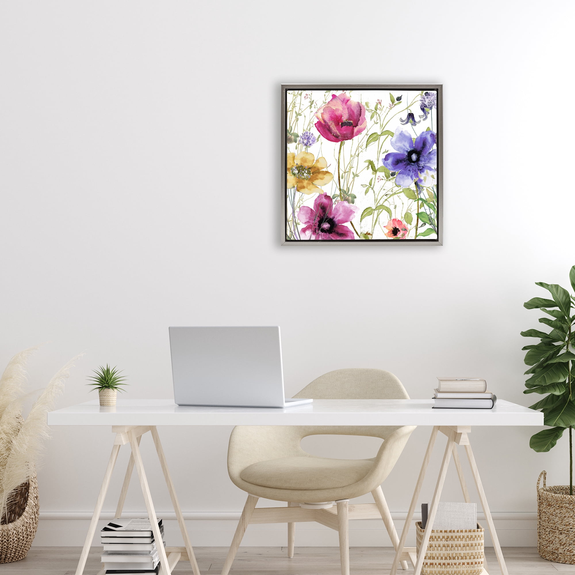 Botanical Spring Garden Blooms Gray Framed Floater Canvas Wall Art, design by Sasha