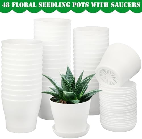 48 Pack Plastic Planters 4 Inch Flower Plant Pots Indoor Set Thickened Seedling Nursery Pots Seed Starting Pots with Drainage Holes Saucers, Mini Garden Tools for Home Office Garden, White