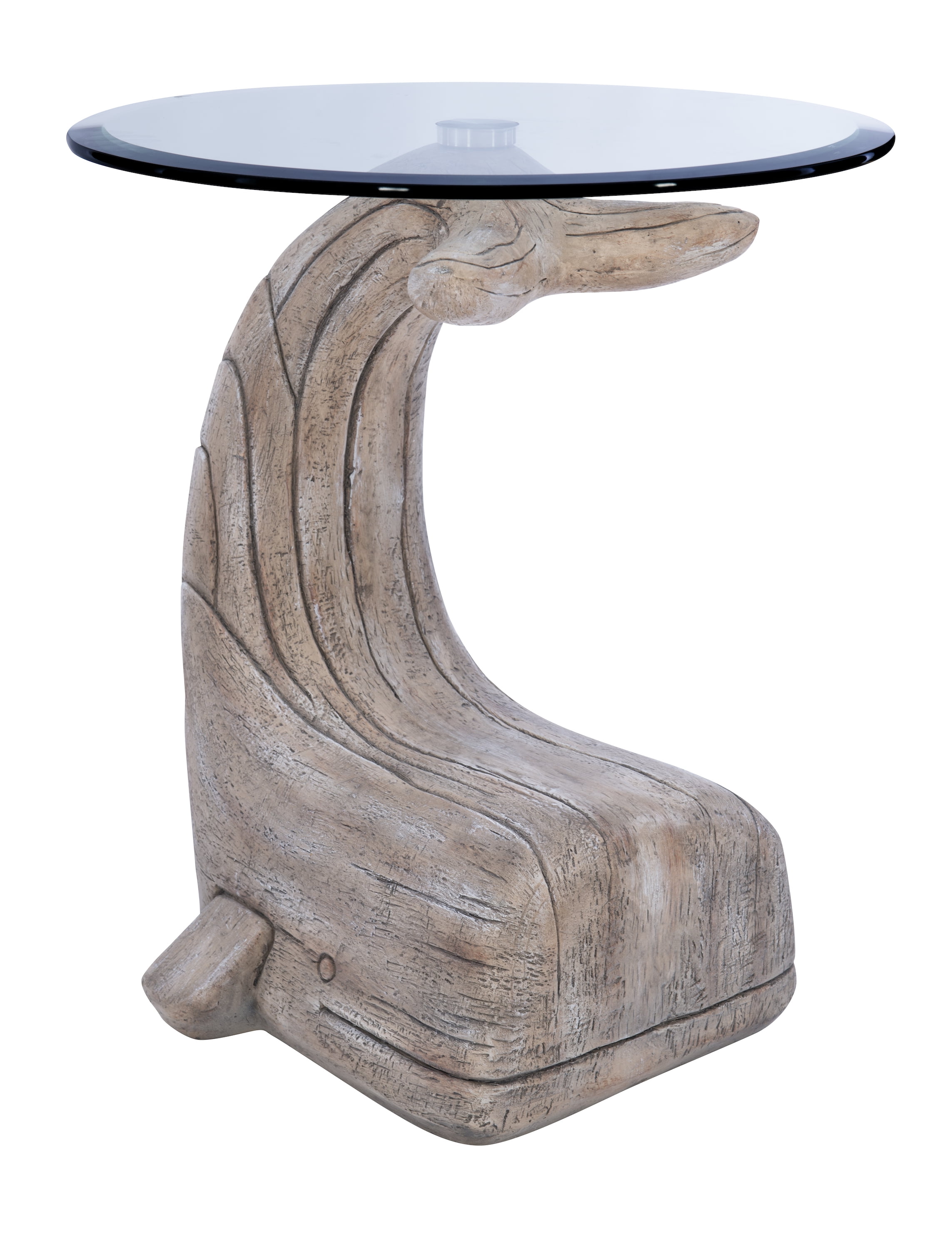 Powell Wendy Whale Indoor Accent Side Table with Glass Top, 23" Tall, Distressed Natural Driftwood