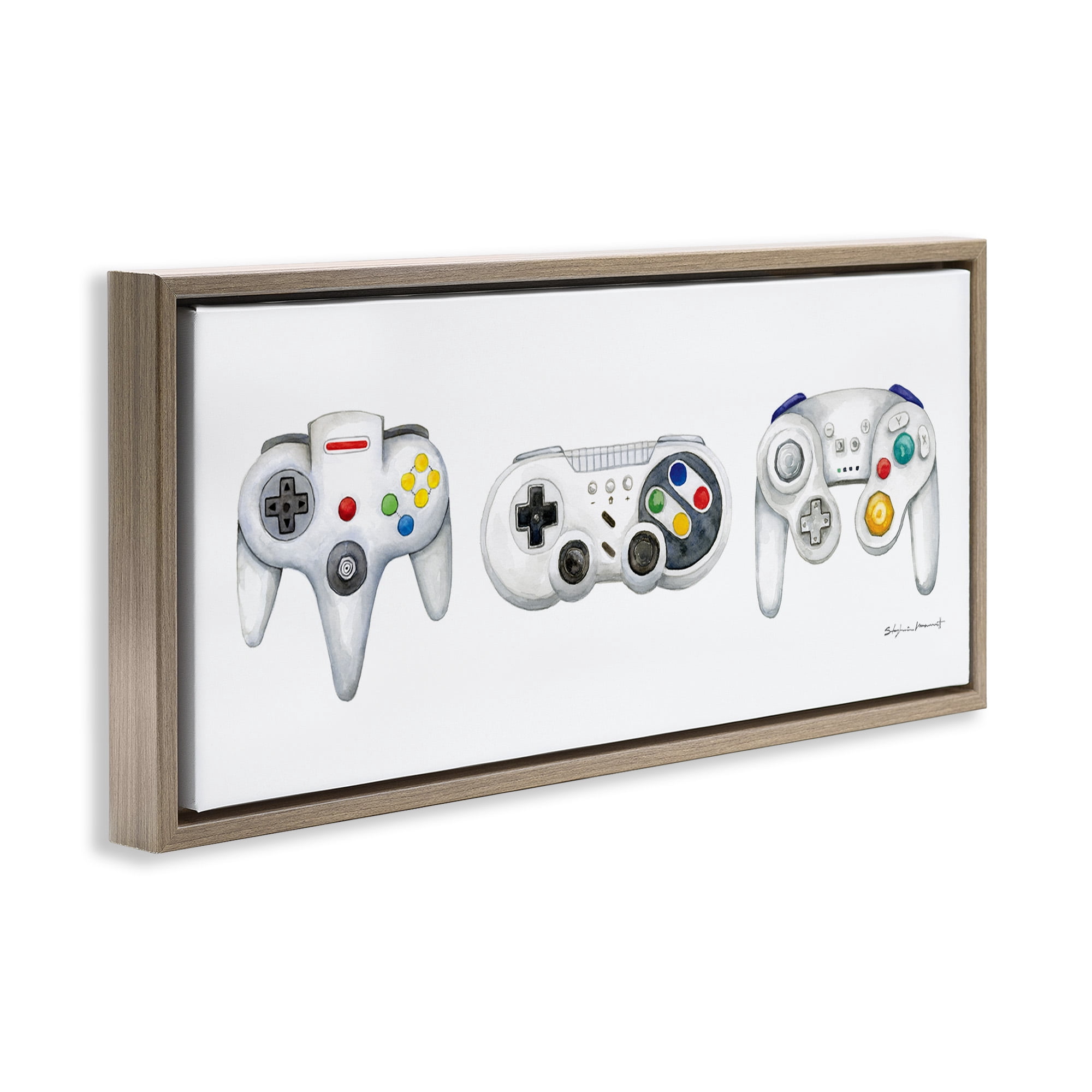 Stupell Industries Vintage Video Game Controllers Art for Kids Painting Brown Floater Framed Canvas Art Print Wall Art, 31 x 14