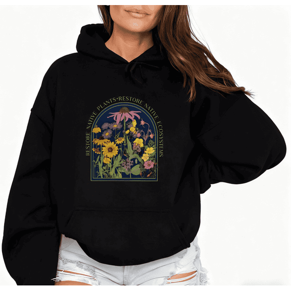 Native Plants Floral Graphic Tee T-Shirt Print Top Comfortable Hooded long-sleeved Black S-2XL