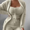 thumbnail image 1 of Joskaa-Pijama de terciopelo liso para mujer, conjunto de 3 piezas, abrigo de manga larga, camiseta sin mangas y pantalones cortos, ropa de casa de lana suave y cálida, pijamas de Navidad, 1 of 4