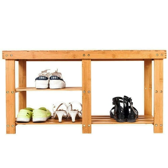UBesGoo Wood Color 90cm Rectangular 3-layer Tiers Bamboo Shoe Rack Bench