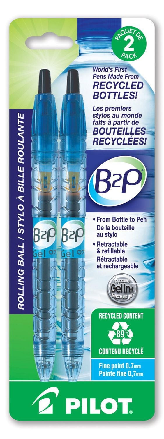 PILOT B2P Stylos à bille roulante rétractables à encre gel - Noirs Pointe fine de 0,7mm, 2-pqt