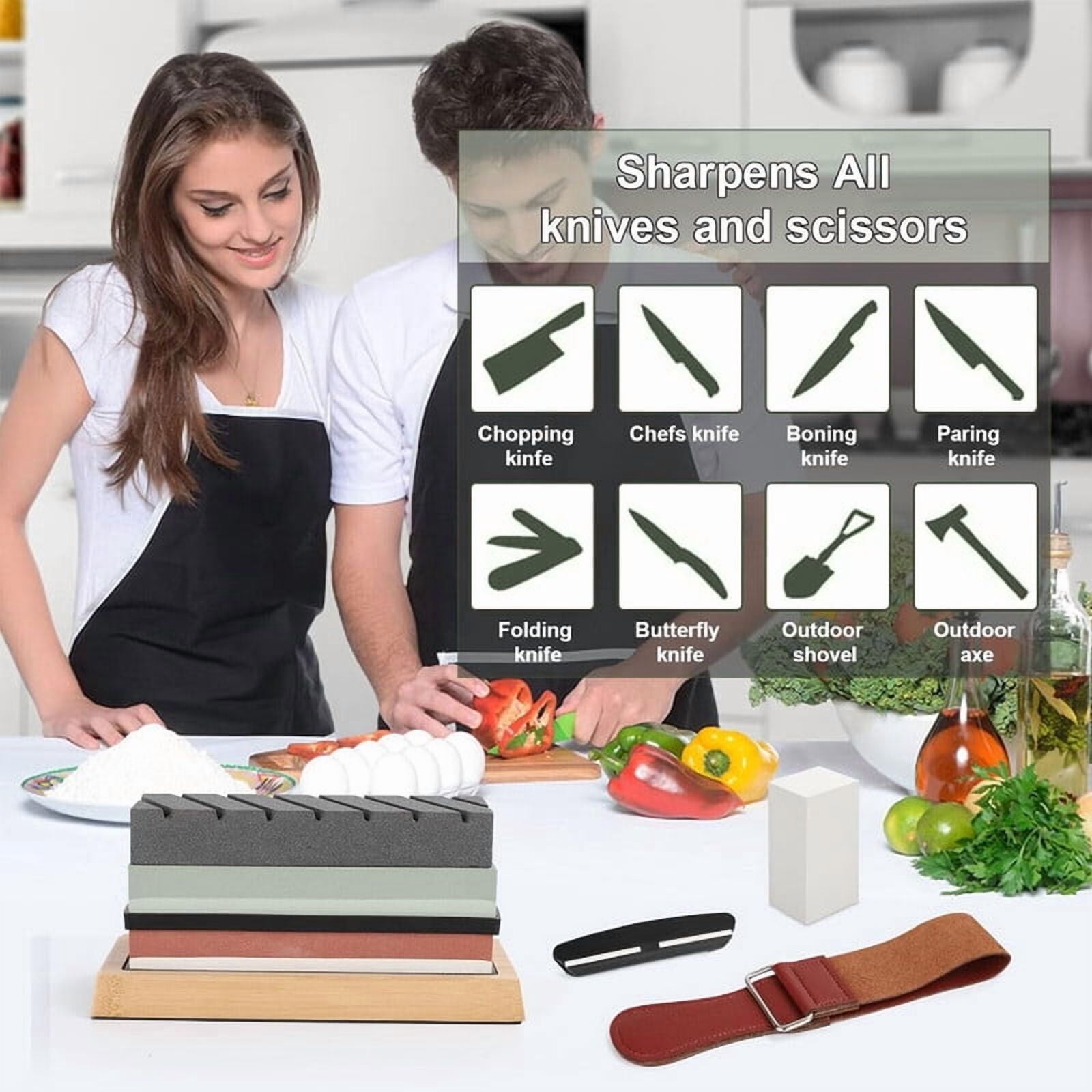 Complete Knife Sharpening Stone Set – Dual Grit Whetstone 400/1000 3000/8000 Knife Sharpener with Leather Strop, Flattening Stone, Bamboo Base & Angle Guide