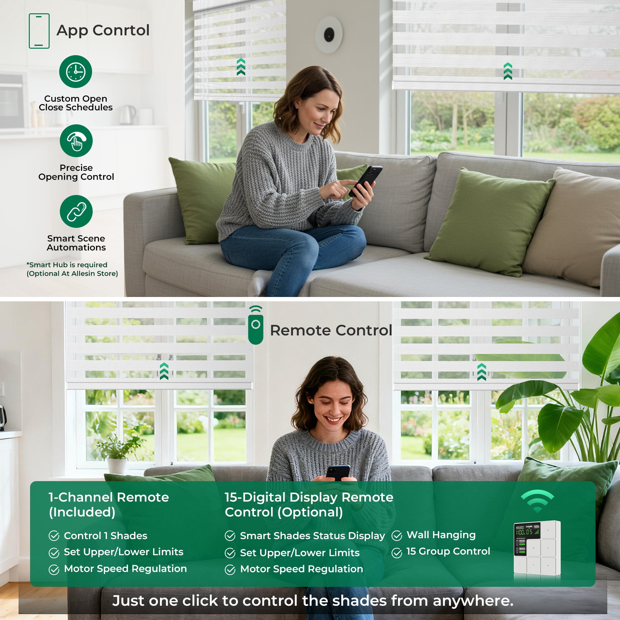 Allesin No Drill Motorized Zebra Shades with Remote Control, 50% Light Filtering Smart Blinds for Apartments & Rentals , Automatic Day/Night Adjustment (Pure White 35.5"Wx72"H)