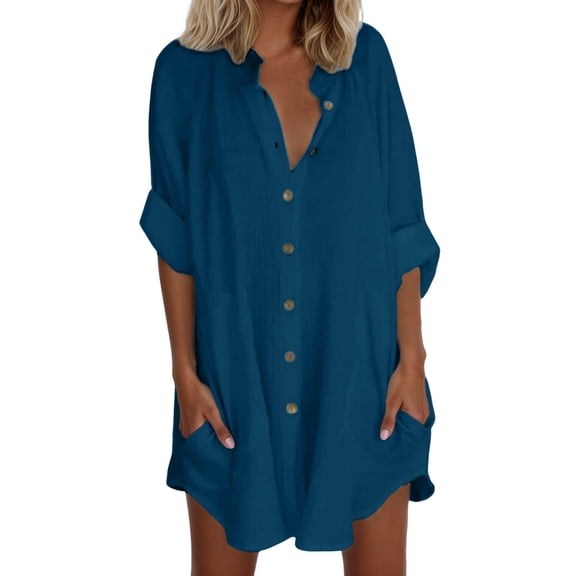 JIAYUE Women's Dress Loose Solid Color Stand Collar Above Knee Fall Double Pocket Three Quarter Sleeve Classic Female Dresses