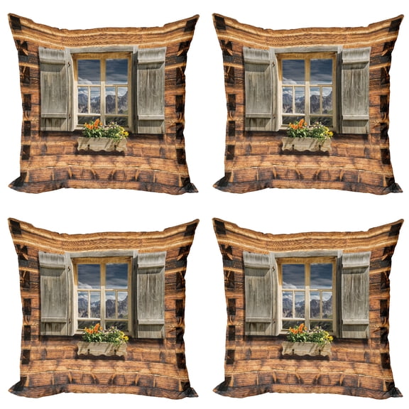 Ambesonne Rustic Throw Pillow Cover 4 Pack, View from Mountain Hut, 20", Brown Green
