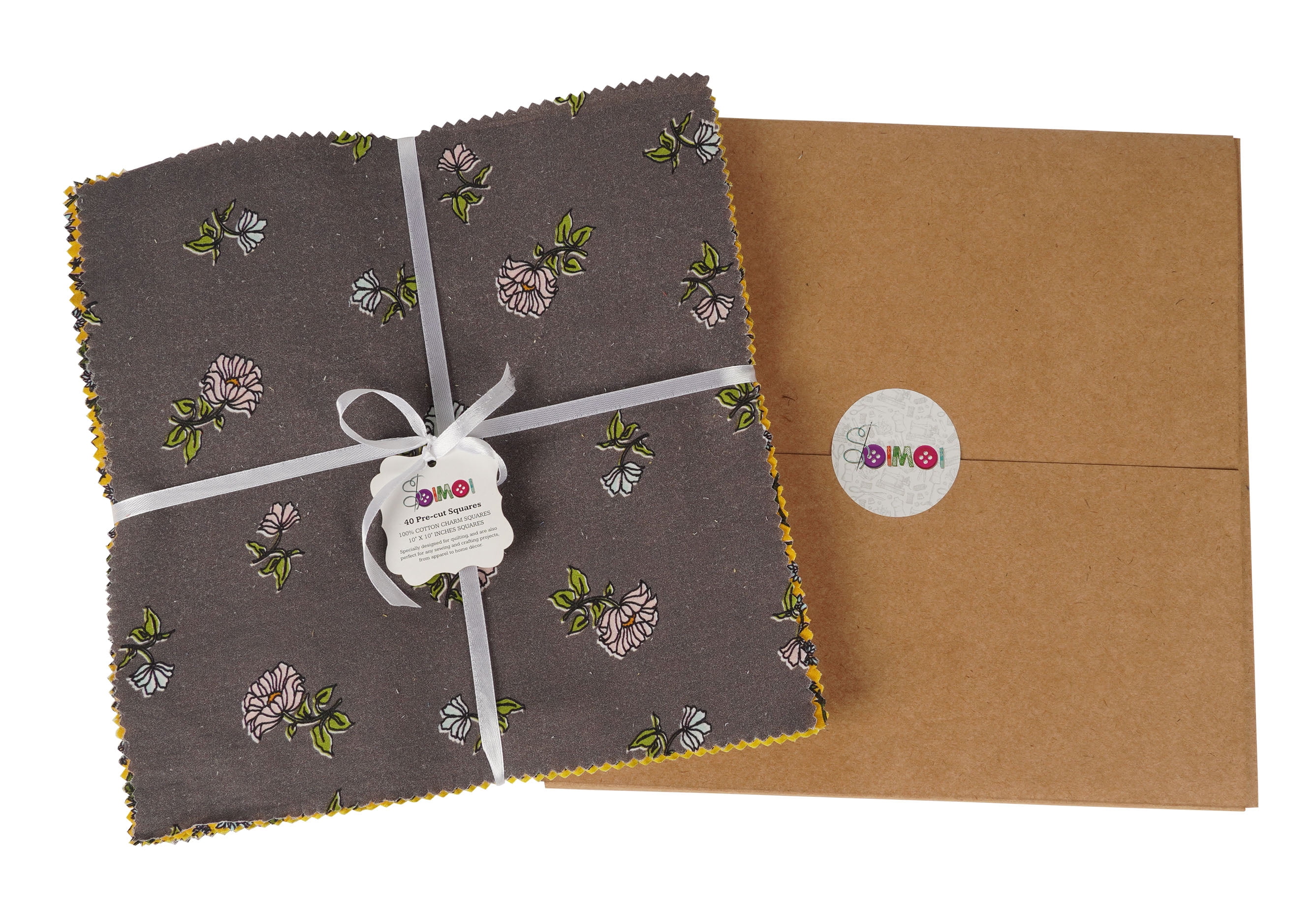 Soimoi Precut 10-inch Asian Floral Prints Cotton Fabric Bundle Quilting Squares Charm Pack DIY Patchwork Sewing Craft- Gray & Yellow