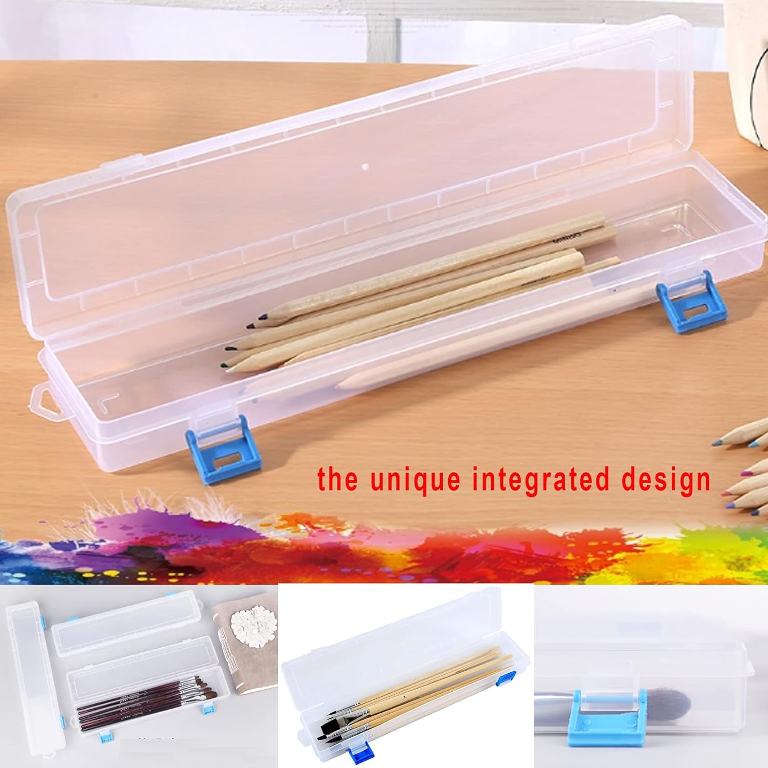 ABCISI 3PCS  Paint Brushes Storage Box, Plastic Paint Brush Holders Clear Case, Long Drawing Pen Watercolor Pens Pencils Drawing Tools Container with Buckle Design (13 x 2.7 x 1.4 inches)