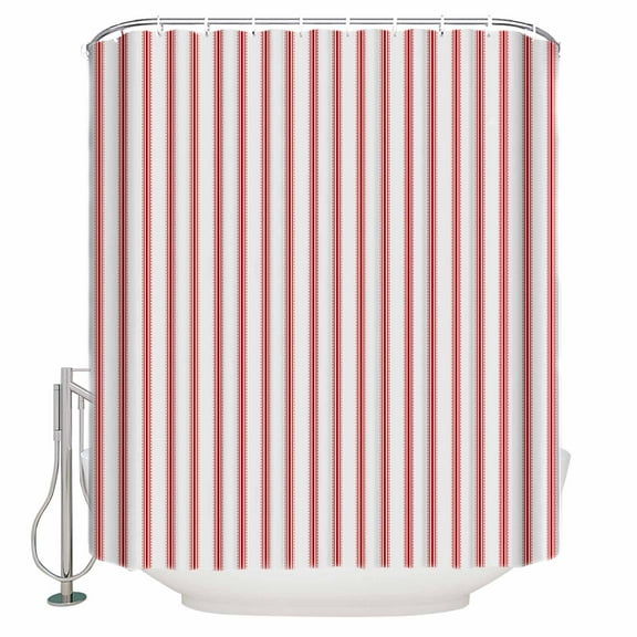 Fabric Shower Curtain, White and Red Striped Geometric Shower Curtains with 12 Hooks Waterproof Machine Washable Bath Curtains for Bathroom, 72 x 96in