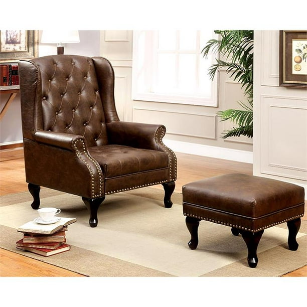 Faux Leather Accent Chair With Ottoman, Brown Leather Chair And Ottoman