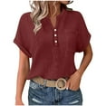 thumbnail image 2 of Women's Short Sleeve Blouse, Solid Color V-Neck Button Down Shirt, Loose Fit Casual Top, Soft Cotton Comfort for Daily Wear, 2 of 9