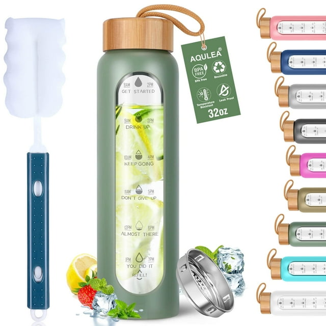 Botella de agua Aqulea Glass de 950 ml con funda de silicona sin BPA