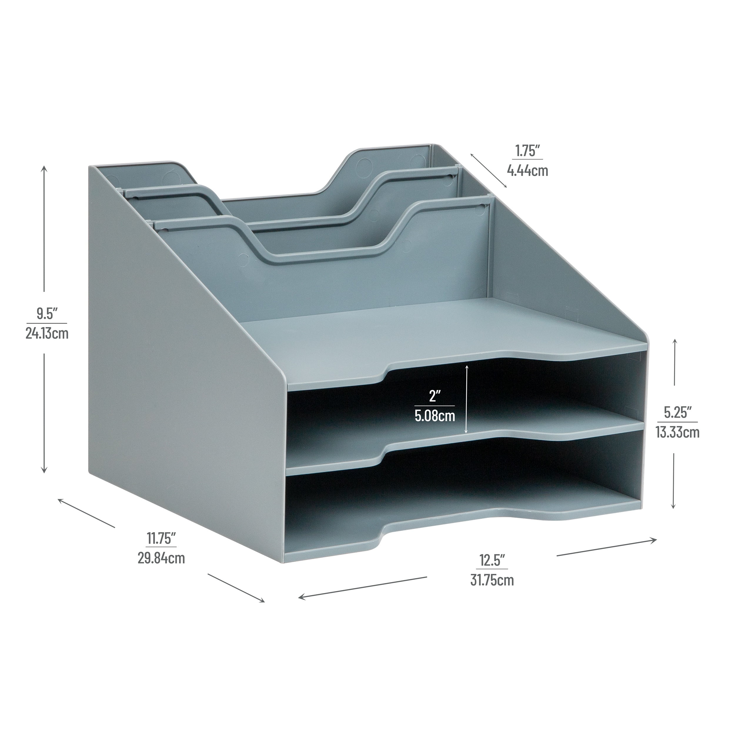 Mind Reader Desktop Organizer, Vertical File Holder, Paper Trays, Office, Plastic, 12.5"L x 11.75"W x 9.5"H, Gray