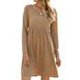 thumbnail image 1 of Women High Waist Long Sleeve Crew Neck Solid Color Pleated Mini Dress, 1 of 7
