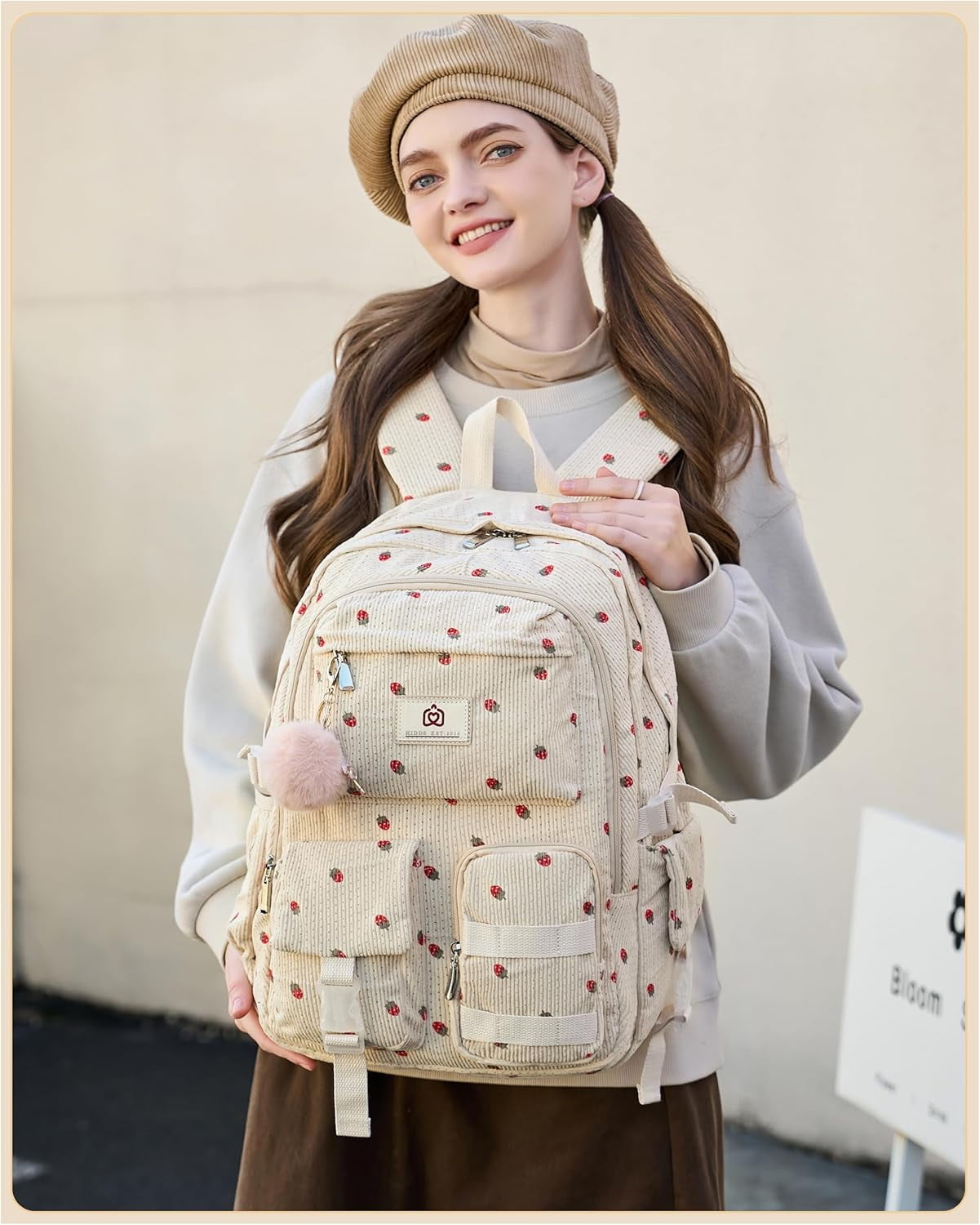 AO ALI VICTORY Women's 15.6 inch Laptop College Backpack Corduroy Work Bag Campus Bookbag Travel Backpack Women's（Beige Strawberries）