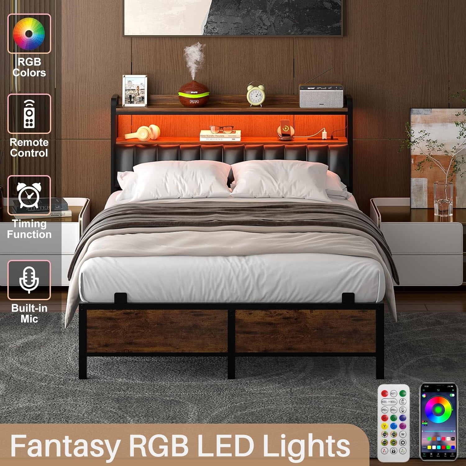 Homieasy Full Size Bed Frame with Charging Station, Adjustable Upholstered Faux Leather Headboard, Industrial Platform Bed with LED Lights, Steel Slat Support, No Box Spring Needed, Rustic Brown