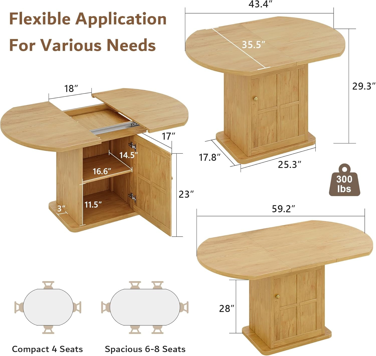 iPormis Extendable Round Dining Table for 4-6, 59'' Modern Kitchen Table with 2-Tier Storage Shelf, Wood Door, MDF Board, Space Saving Oval Dinner with Sturdy Pedestal Base, Kitchen, Dining,Oak