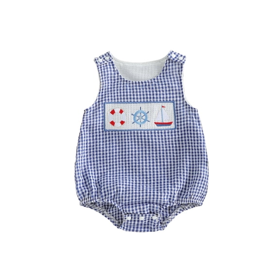 BemeyourBBs Newborn Baby Boy Girl Summer Clothes Plaid Gingham Bubble Romper Sleeveless Cute Sailboat Embroidery Plaid Print Bodysuit Playsuit Infant Baby Boys Summer Outfit