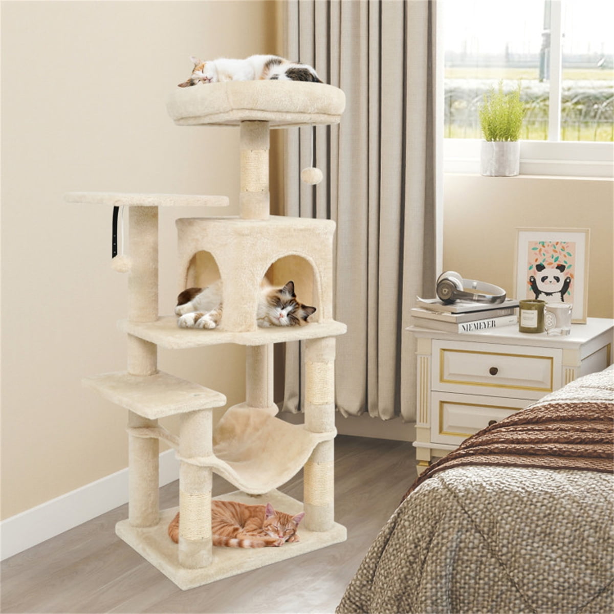 ZephyPaws Cat Tree with Scratching Post for Indoor Cats, 44" Tall Plush Multi-Level Cat Climbing Tower Condo House with Large Hammock, Spacious Cat Cave & Big Padded Top Perch Bed, Beige