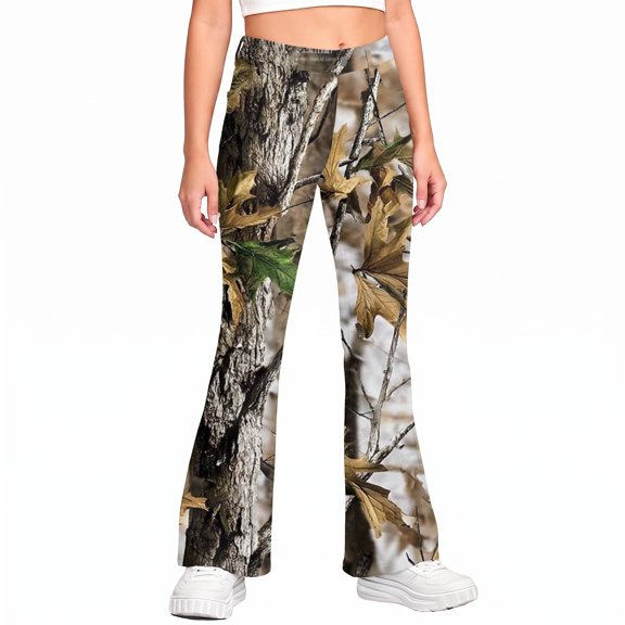 Grblisyd Girls Flare Leg Uniform Pants High Waist Fashion Camo Maple Leaf Print Bell Bottoms With Button and Pockets