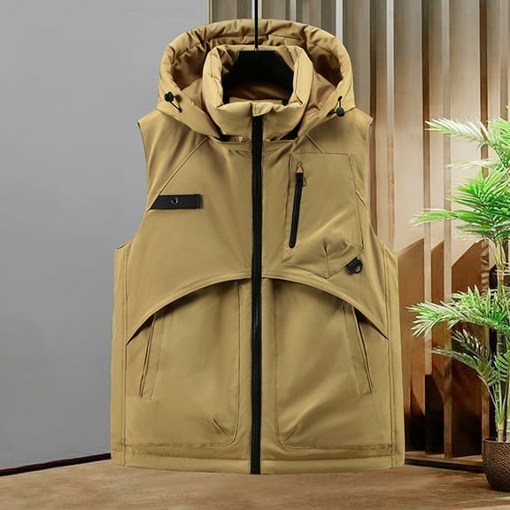 Handshe Men's Hooded Vest, Thickened Sleeveless Zip-Up with Pockets, Warm Cotton Waistcoat for Outdoor Activities and Casual Winter Wear