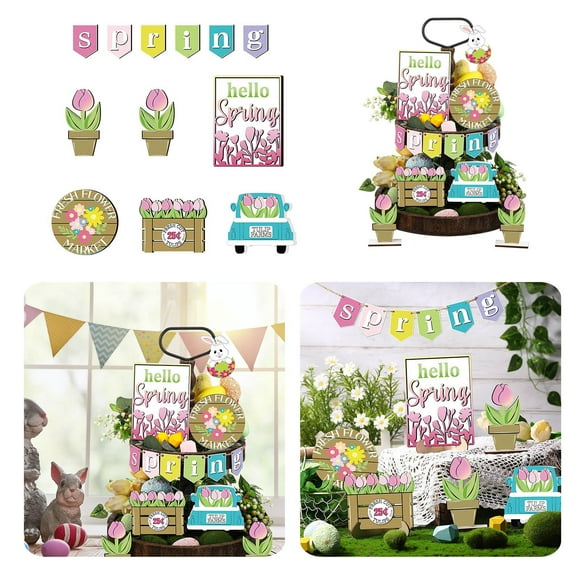 Easter Tray Decoration - 12 Pieces Spring Tiered Tray Decor Flower Wooden Signs Blooms Floral Plants Table Centerpieces Spring Decorative Signs for Spring Home Table Shelf Decoration
