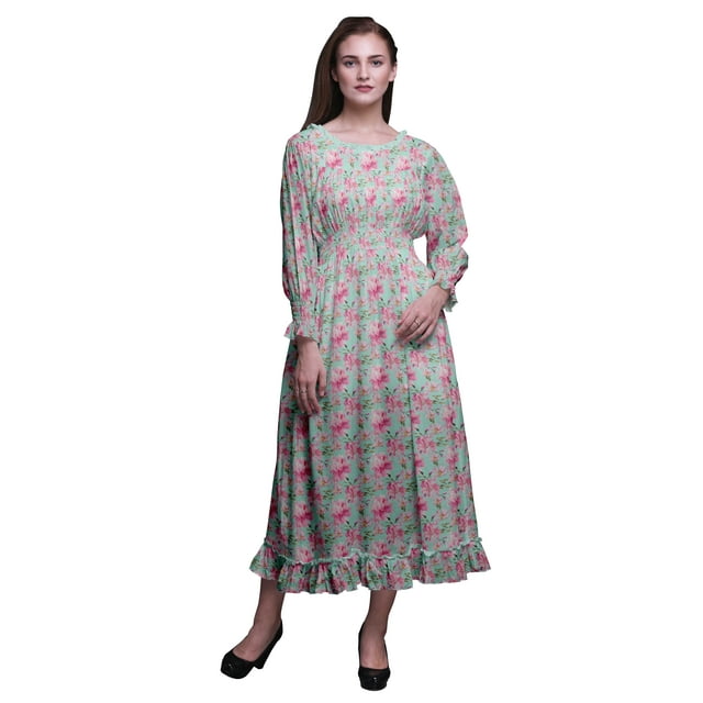 Bimba Robe Maxi à Volants pour Femmes, Florale, Manches Bishop, Col Rond, Taille Smockée - X-Grand