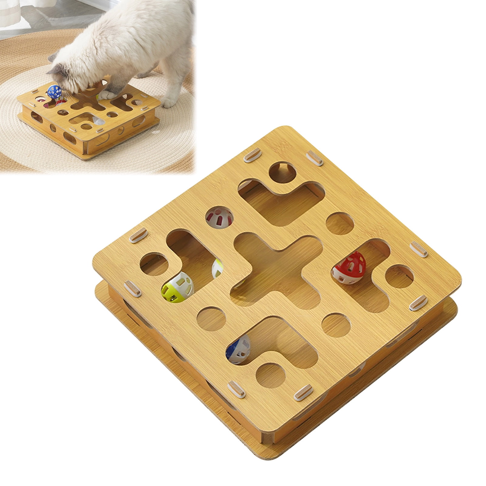 YIFAEUX Cat Enrichment Maze Box Nail File Box with 4 Bell Balls Interactive Puzzle Toy Scratch Enrichment Box Improves Intelligence Reduces Boredom for Indoor Cats