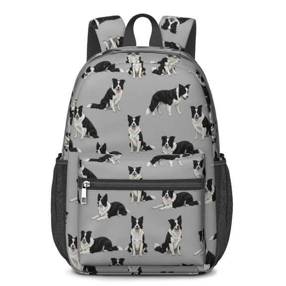 Border Collie Gray Pattern 17" Waterproof Oxford School Backpacks for Teens, S-Shape Padded Straps, for School, Travel, Hiking, Camping