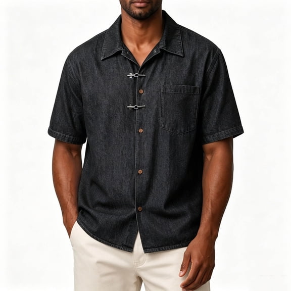 COSFO Button Down Shirt Men Black Faux Denim Short Sleeve Summer Shirts with Pocket Collared Casual Loose Fit Tops