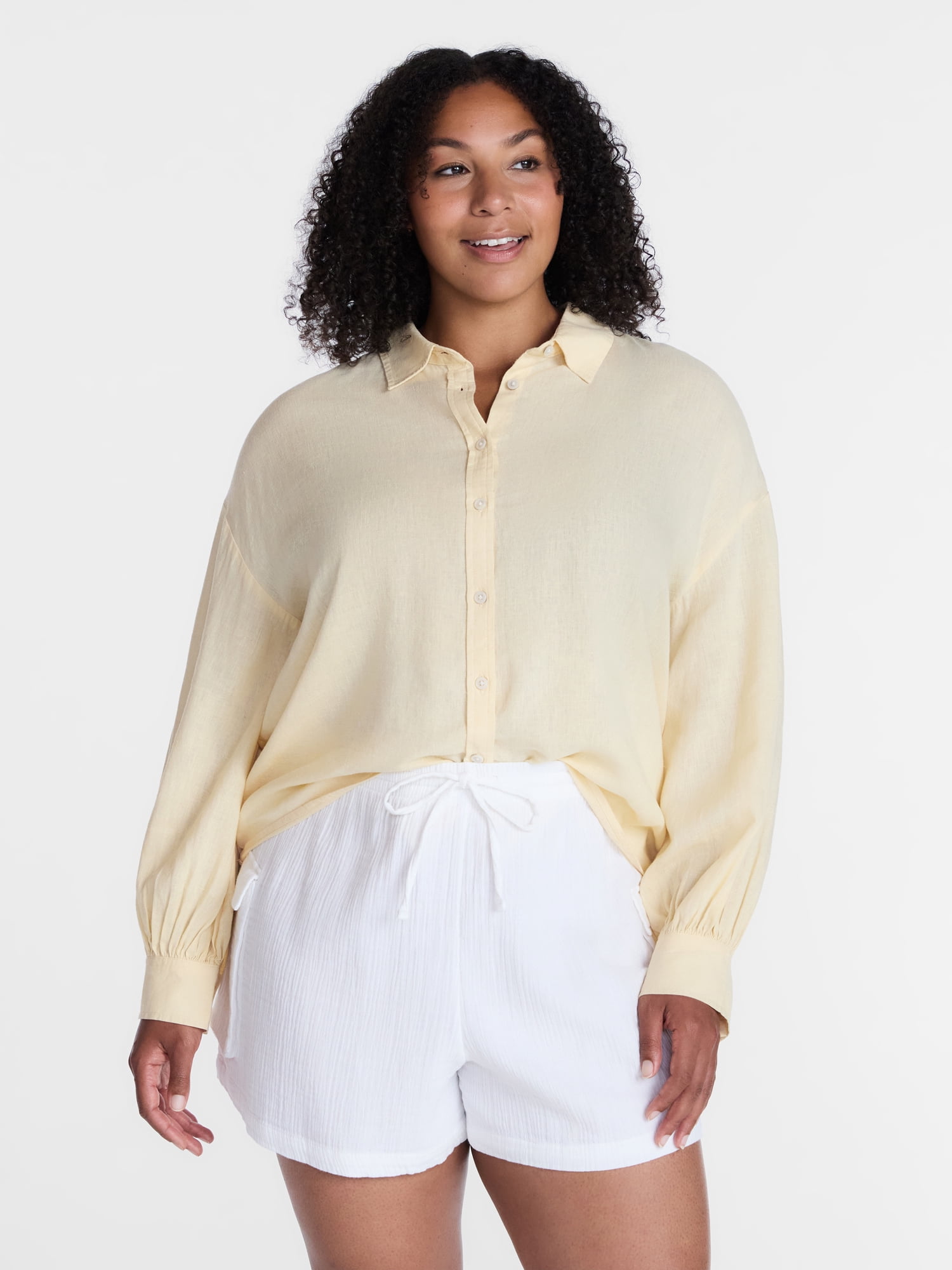 Time and Tru Women's Linen Blend Button Front Cropped Top with Long Sleeves, Sizes XS-XXXL