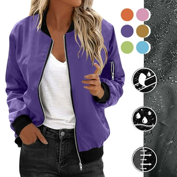 Fancifize Womens Bomber Jacket Lightweight Windproof Waterproof Jackets Zip Up Long Sleeve Casual Coat Athletic Outwear with Pockets