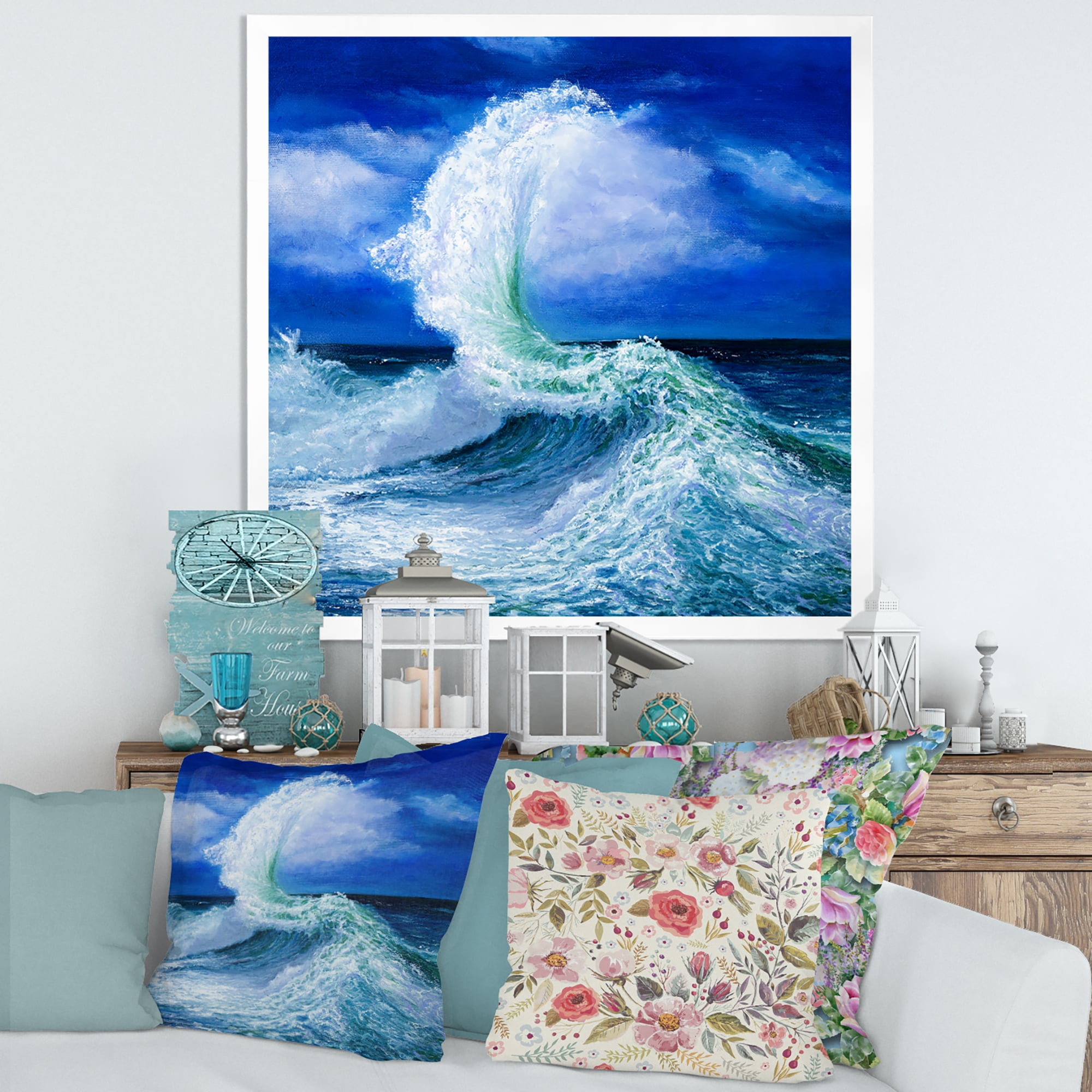 Waves Breaking During Wild Blue Ocean Tide 36 in x 36 in Framed Painting Canvas Art Print, by Designart