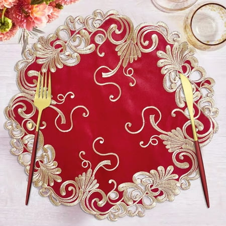 

Round Placemats - Set of 4 Handmade Doilies with European Embroidery for Wedding Receptions Kitchen Dining Room End Table Vintage Farmhouse Antique Home Decor - 15 Inches Burgundy Gold