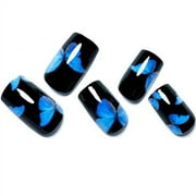 Press on Nails Short Square Shape, Black Fake Nails with Design Blue Y2K Butterfly Medium Glue on Nails for Women UV Gel Acrylic False Nail Kits Reusable Stick on Nails Full Cover Static Nails by GLAM