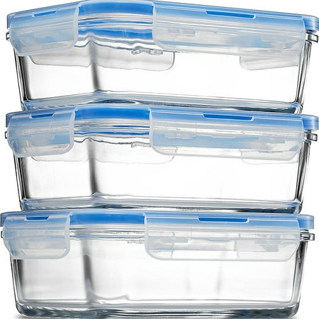 Superior Borosilicate Glass Meal Prep Food Storage Containers (3 Pack, 28 oz.) BPA Free Airtight Snap Locking Lid - Freezer, Microwave, Oven Safe, Portion Control Containers for Home and