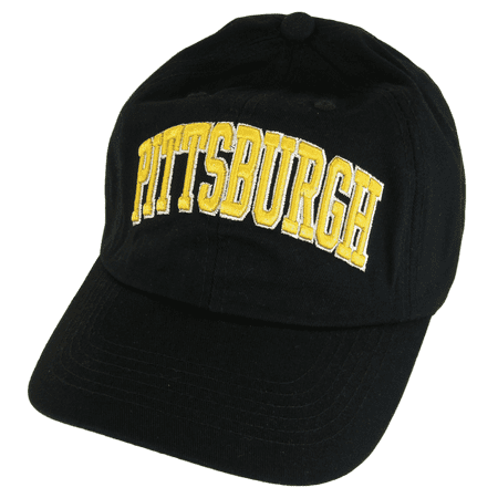 Pittsburgh City Name Buckle Back Adjustable Cotton Baseball Cap (Black/Gold Script)