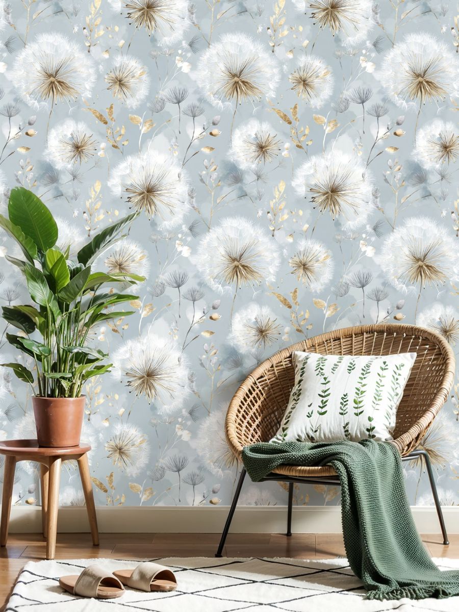 Boho Peel and Stick Wallpaper Delicate Dandelion Gold Floral Soft Blue Wall Mural 17.7in x 9.8ft Self Adhesive Removable Wall Paper Renter Friendly Wallpaper for Nursery Bedroom Cabinets
