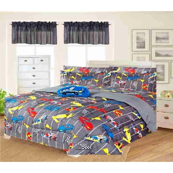 Gorgeous Home Linen Bedding Set Reversible Full Size 8-Piece Nascar Silver Style Racing Car Bed in Bag Comforter with Plushie Toy