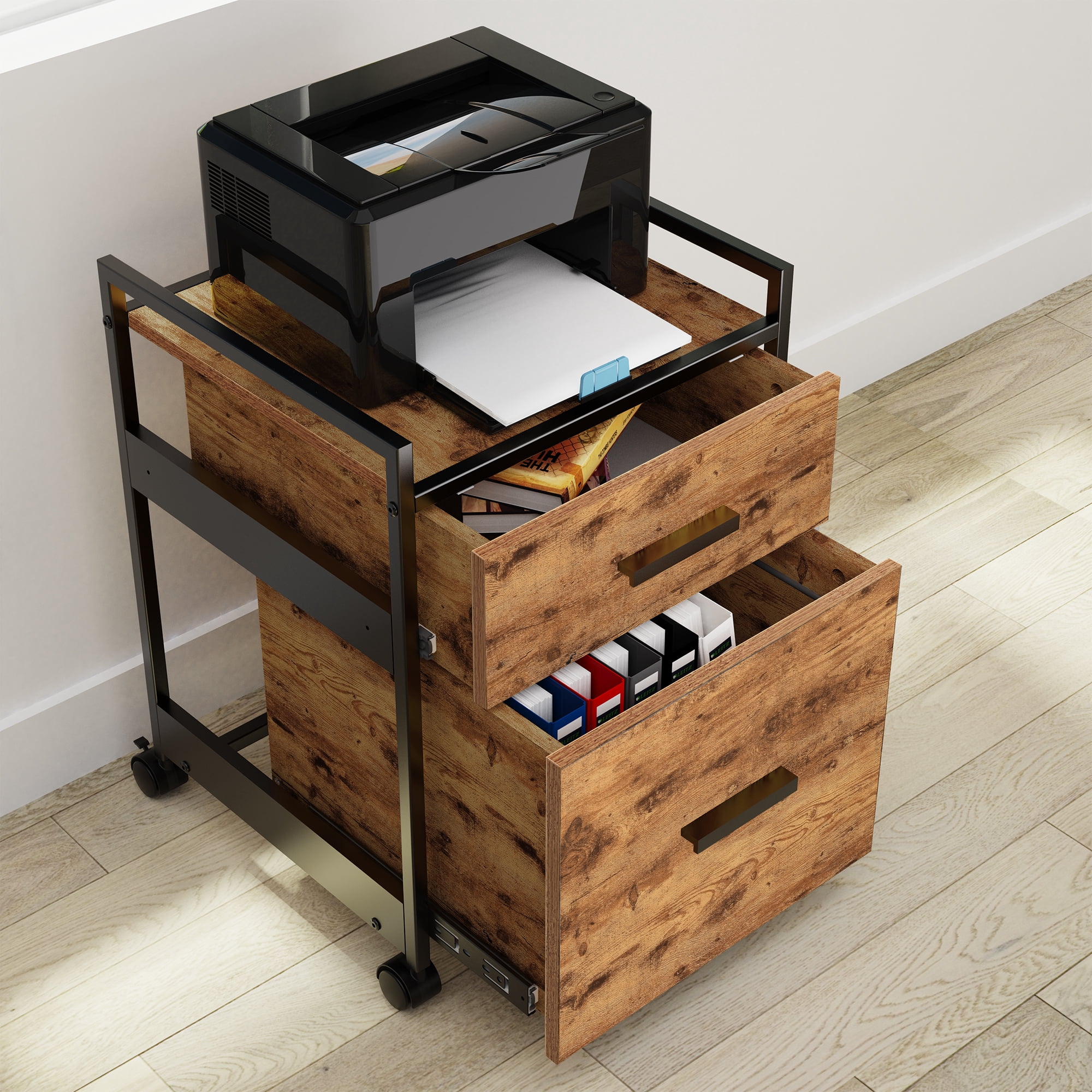 Designa File Cabinet 2 Drawers, Rolling File Cabinet with Bag for Home Office, Under Desk Rolling File Cabinet, Wood Filing Cabinet, Printer Stand with Storage, Rustic Brown