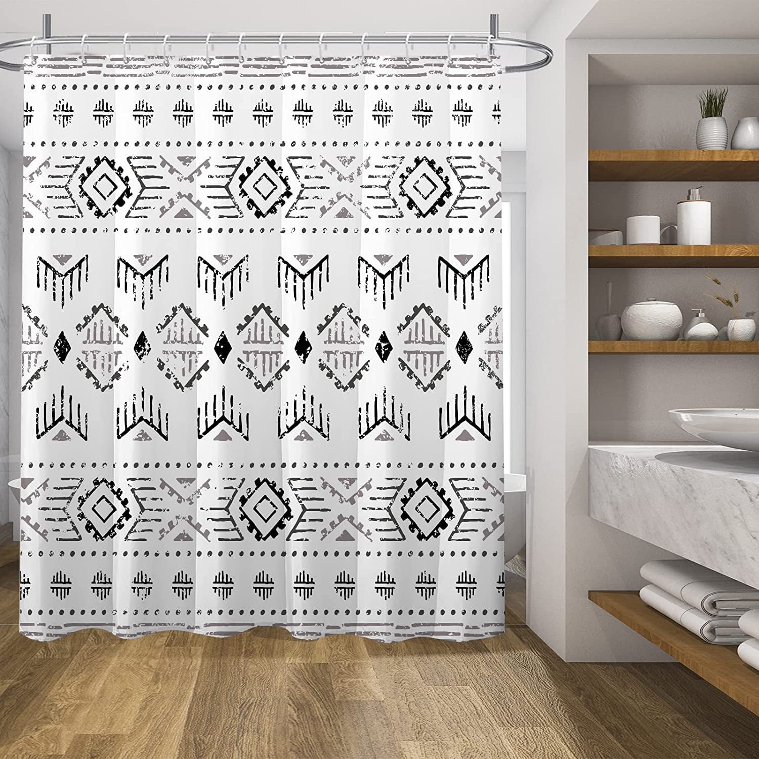 Black White Boho Shower Curtain Set, Modern Farmhouse Geometric Shower