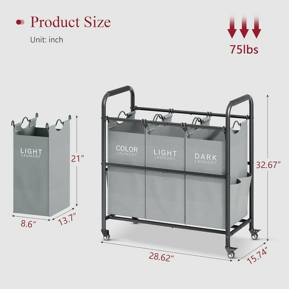 3-Bag Laundry Sorter Cart with Lockable Wheels, Heavy Duty Storage Basket for Clothes